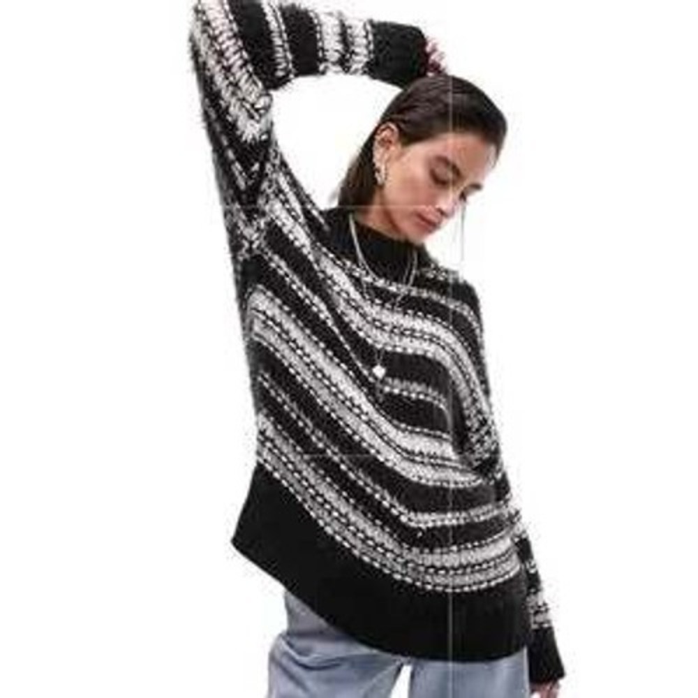 TopShop Black White Stripe Knit Sweater Oversized Mock Neck Pullover Women S NWT